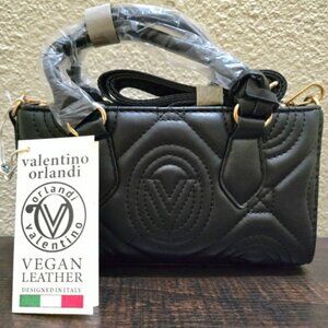 Orlandi Valentino Black Quilted Women's Bag BNWT Vegan Leather Goldtone Charm
